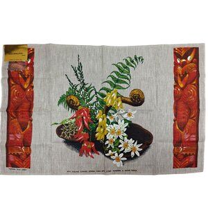 Vintage New Zealand Flax Linen Tea Towel With Native Flora & Maori Design NEW